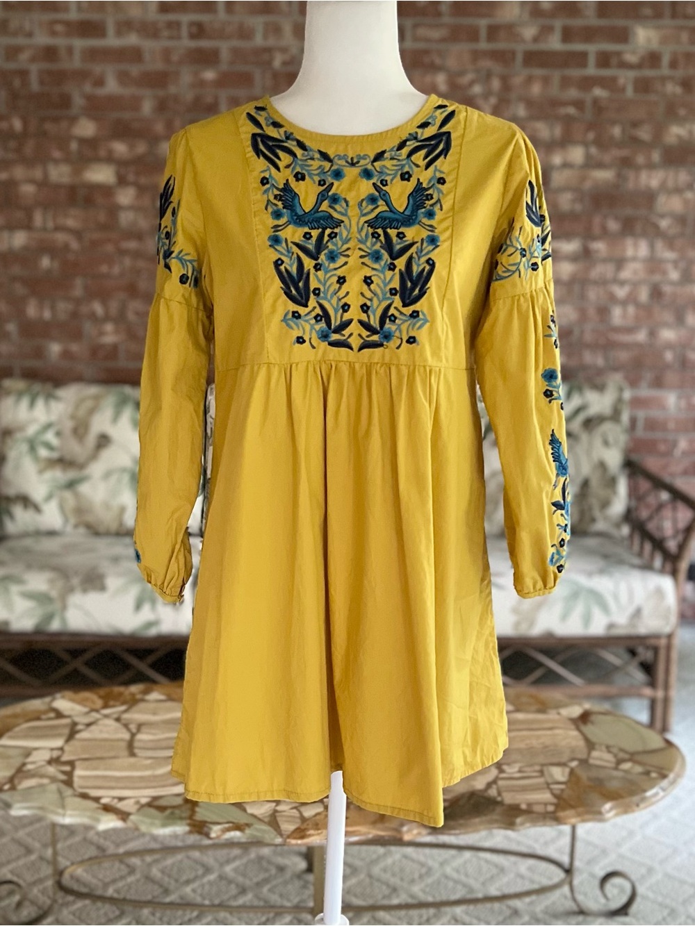 Stevie Hender Mini Dress Tunic Babydoll Embroidered Burd Floral Mustard Yellow S